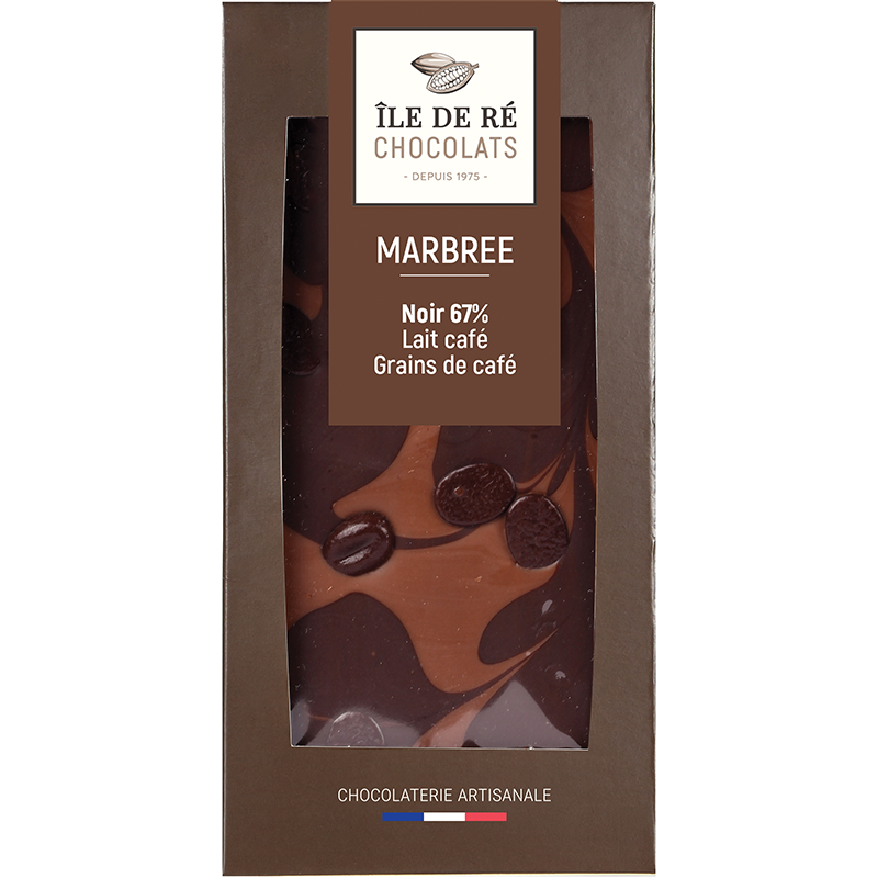 Tablette de Chocolat Noir 67% Marbrée Lait Café et Grains de Café